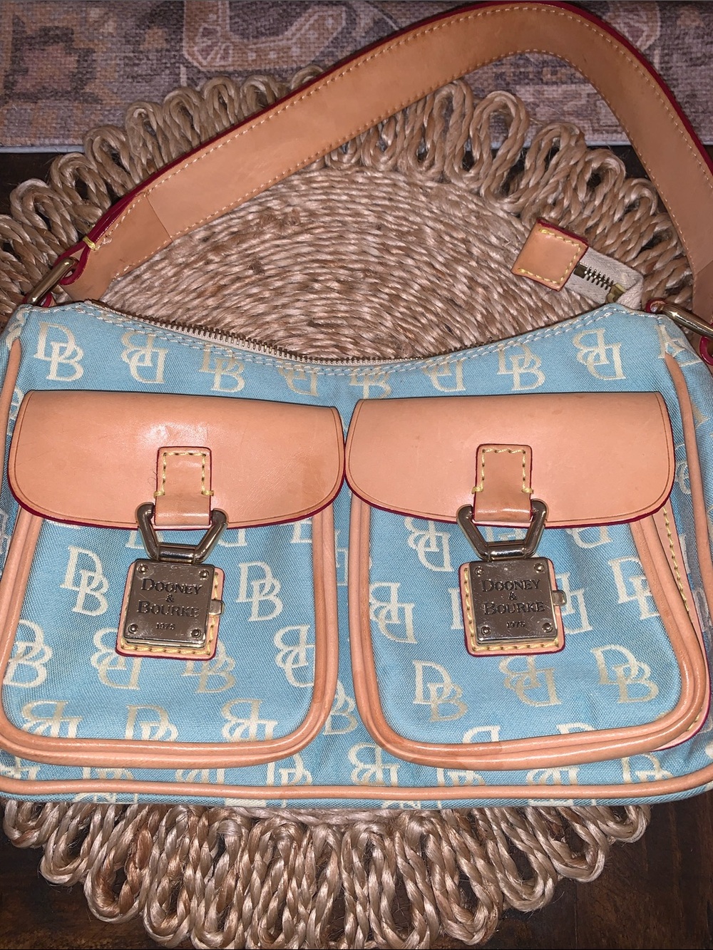 Dooney & Bourke Light Blue Logo Canvas Shoulder Bag with Tan Leather Trim - Picture 10 of 13